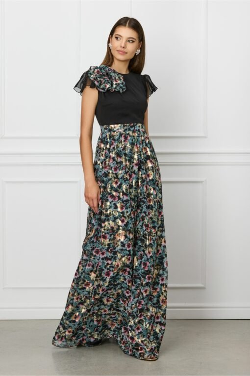 Rochie DY Fashion lunga neagra cu imprimeu floral verde pe fusta si floare maxi la umar