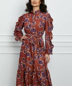 Rochie Dy Fashion maro cu imprimeu mov si cordon in talie