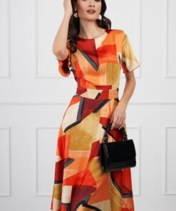 Rochie DY Fashion midi orange cu imprimeuri galbene