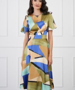 Rochie DY Fashion midi verde cu imprimeuri albastre