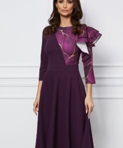 Rochie Dy Fashion mov cu imprimeu bej si volan la bust