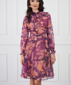 Rochie DY Fashion mov cu imprimeuri peach si guler incretit