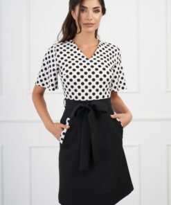 Rochie DY Fashion neagra cu buline la bust si cordon in talie