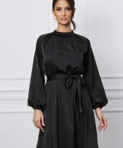 Rochie Dy Fashion neagra cu elastic si cordon in talie