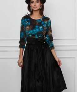 Rochie Dy Fashion neagra cu imprimeu albastru pe bust