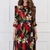 Rochie DY Fashion neagra cu imprimeu floral rosu si curea in talie