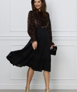Rochie Dy Fashion neagra cu insertii catifelate maro la bust