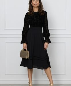 Rochie Dy Fashion neagra cu insertii din catifea si fir lurex la bust