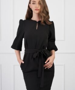 Rochie DY Fashion neagra cu maneci bufante si cordon in talie