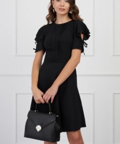 Rochie DY Fashion neagra cu pliuri pe bust si volane pe maneci