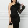 Rochie DY Fashion neagra din dantela cu floare maxi pe umar