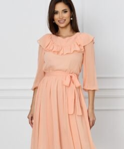 Rochie Dy Fashion peach cu volanas la bust si cordon in talie