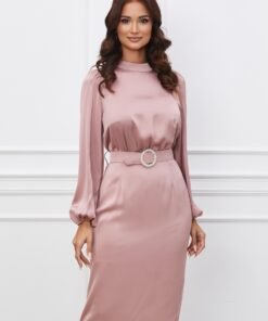 Rochie Dy Fashion roz din satin cu o curea in talie