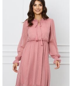 Rochie Dy Fashion roz din voal cu picatele si ciucuri la guler