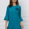 Rochie Dy Fashion turcoaz cu floare pe bust si volane