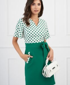 Rochie DY Fashion verde cu buline la bust si cordon in talie