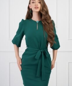 Rochie DY Fashion verde cu maneci bufante si cordon in talie