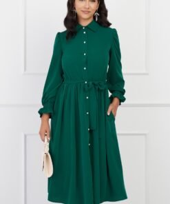 Rochie Dy Fashion verde cu nasturi si cordon in talie