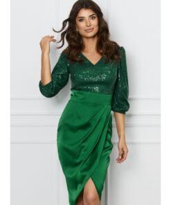 Rochie Dy Fashion verde cu paiete la bust si fusta din satin