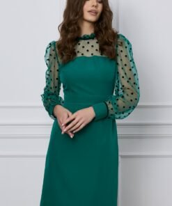 Rochie Dy Fashion verde cu tull si buline catifelate