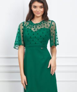 Rochie Dy Fashion verde cu tull si buline catifelate la bust
