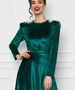Rochie Dy Fashion verde din catifea cu franjuri la umeri