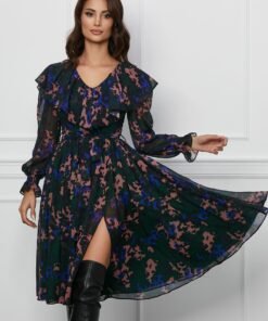 Rochie Dy Fashion verde din voal cu imprimeu roz si cordon in talie
