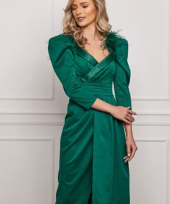 Rochie Dy Fashion verde eleganta cu pene la umeri