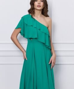 Rochie Dy Fashion verde pe un umar cu volanas la bust