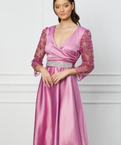 Rochie Ella Collection Adria roz cu dantela florala si cordon in talie