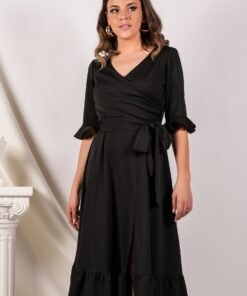 Rochie Ella Collection Arina neagra cu volane si cordon in talie