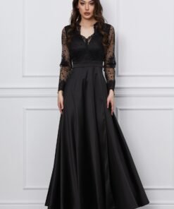 Rochie Ella Collection Asia lunga neagra din tafta cu broderie la bust