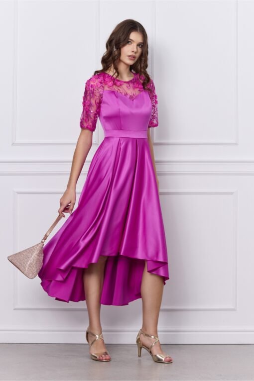 Rochie Ella Collection Brinda fucsia din tafta cu lungime asimetrica