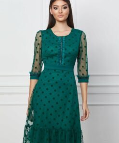 Rochie Ella Collection verde cu buline catifelate