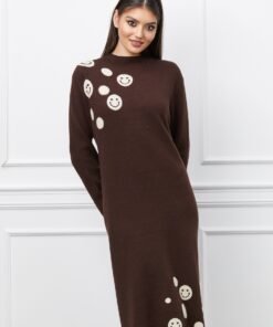 Rochie Felicia maro din tricot cu imprimeu