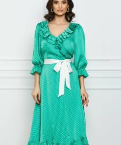 Rochie Felicia verde cu buline albe si cordon in talie