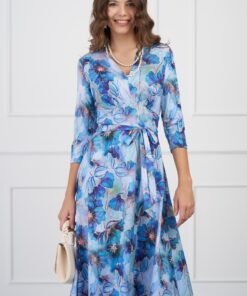Rochie Gabriela bleu cu flori albastre si cordon in talie
