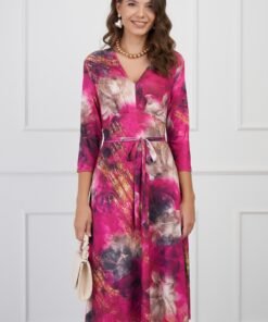 Rochie Gabriela fucsia cu imprimeu bej si cordon in talie