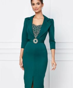 Rochie Georgina verde din neopren cu aplicatii metalice la bust si curea