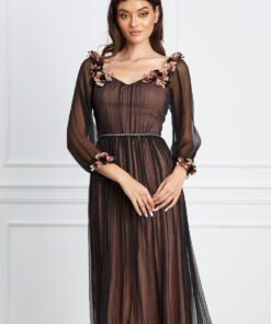Rochie Ginette neagra cu dublura bej din matase cu maneci lungi