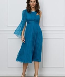 Rochie Ginette turcoaz din matase cu aplicatie tip colier