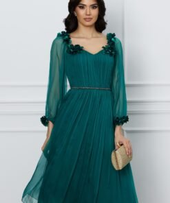 Rochie Ginette verde din matase cu maneci lungi si aplicatii florale