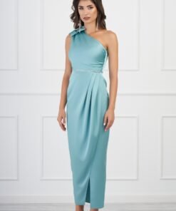 Rochie Ginette verde mint cu floare pe umar si strasuri in talie