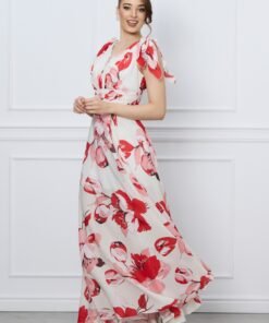 Rochie Irene ivory lunga cu flori rosii si volane pe umeri