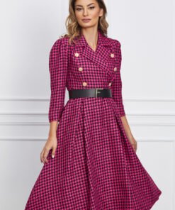 Rochie Iris fucsia cu imprimeu pepit si curea in talie