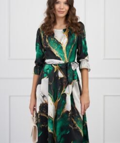Rochie Julia verde cu imprimeu alb si cordon in talie