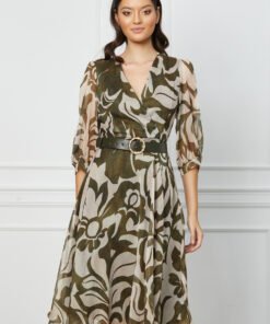 Rochie Karina kaki cu imprimeu ivory si curea in talie