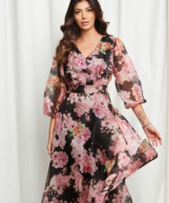 Rochie Katerina neagra cu imprimeuri roz