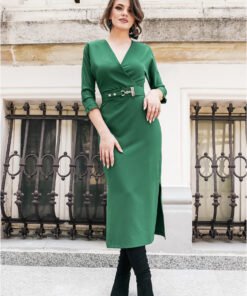 Rochie Kristina verde office cu crepeuri pe fusta si curea in talie