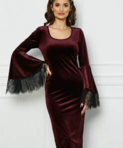 Rochie LaDonna bordo din catifea cu maneci clopot